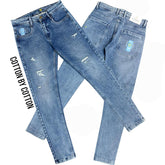 Men's Light Blue Scratch & Distressed Narrow-Fit Cotton Jeans